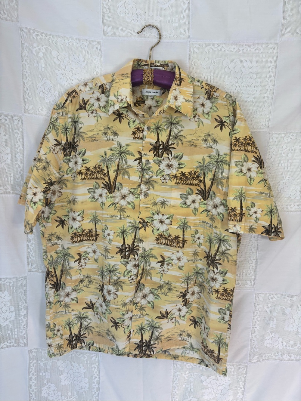 Men’s 100% Cotton Butter Yellow‎ Hawaiian  Print Short Sleeve Button Down Size L - Picture 14 of 14